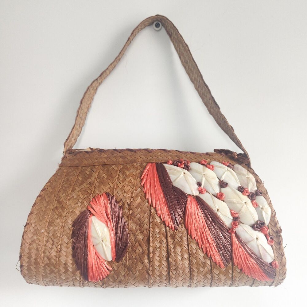Boho Vintage Bag Floral Red Tan Straw Woven Natural Seashells Shoulder Summer